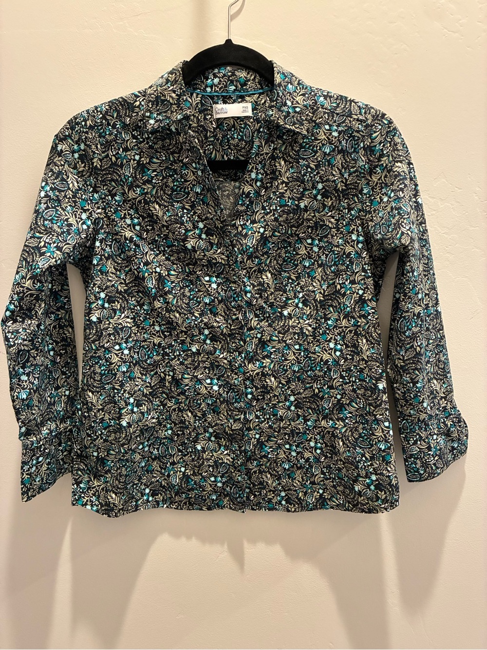 croft & barrow Black Floral Blouse with Teal and Cream Accents